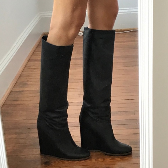 Lanvin Shoes Lanvin Navy Blueblack Leather Wedge High Boots